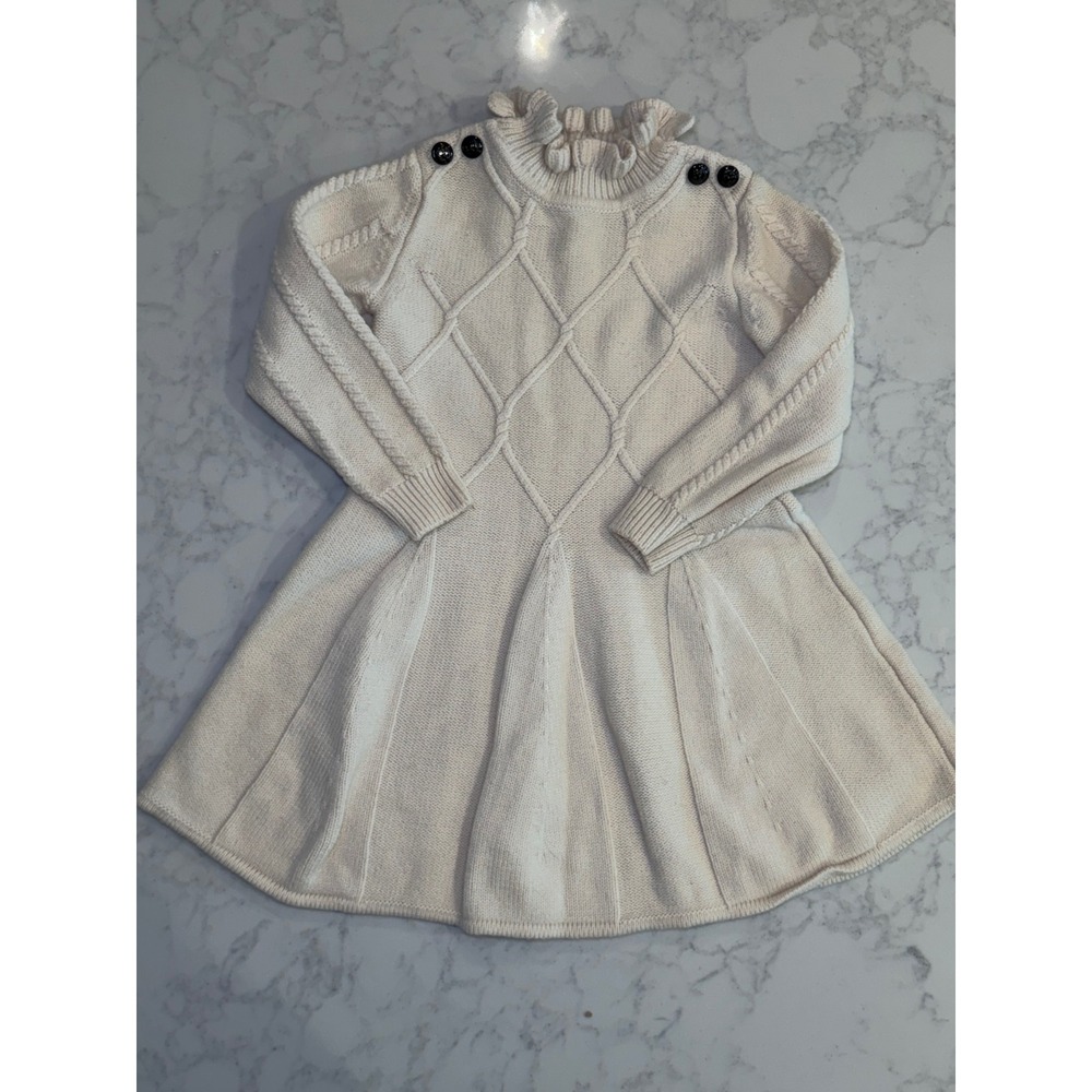 Jacadi Paris Kids Cream Wool Blend Cable Knit Ruffle Neck Sweater Dress 3T